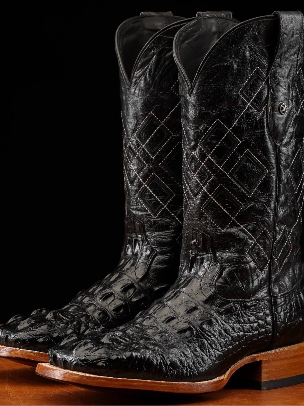 Black Giant Caiman Neck Leather Boots - Square Toe